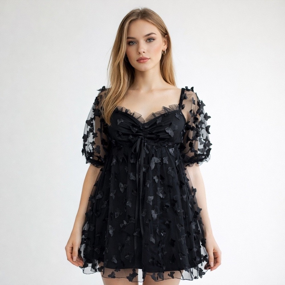 Black Sheer Mesh Babydoll  Dress Womens XS 3D Butterfly Coquette‎ Fairy Goth